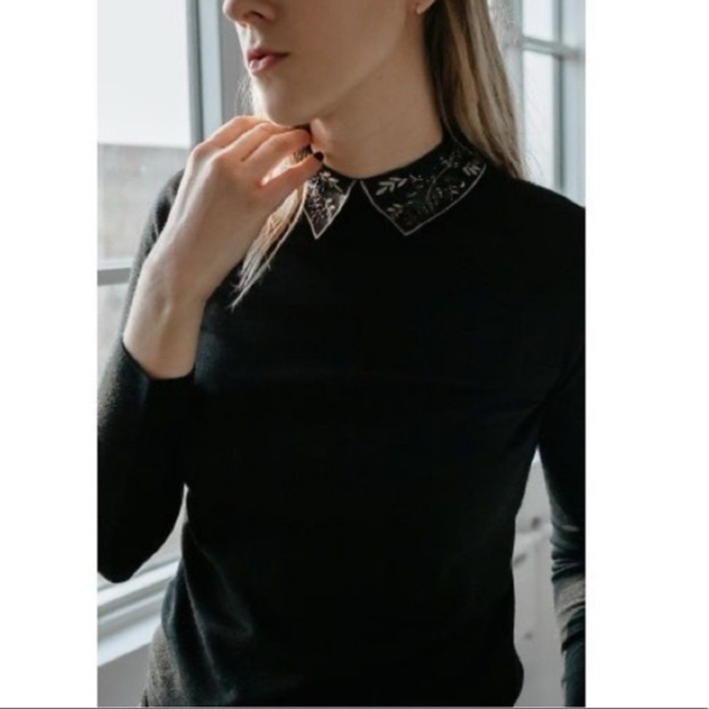 Club Monaco Black Sweater with Embroidered Collar